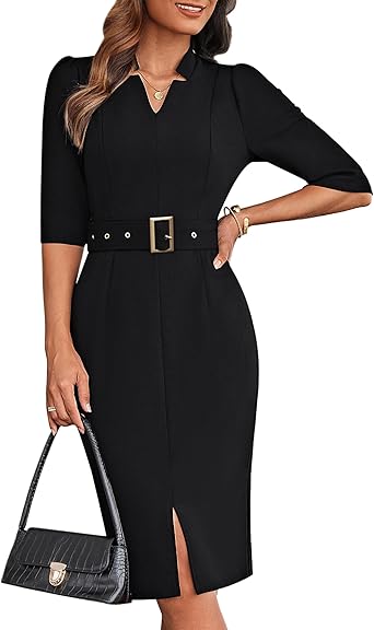GRACE KARIN Women's Work Dress 3/4 Sleeve V Neck Bodycon Sheath Dress Zipper Up Office Business Dresses with Belt