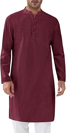 Runcati Mens Kaftan Thobe Textured Henley Shirt Long Sleeve Robe Casual Muslim Gown Shirt