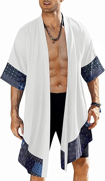 COOFANDY Men's Ruffle Shawl Collar Lightweight Cardigan Long Kimono Jackets Open Front Drape Cape Coat