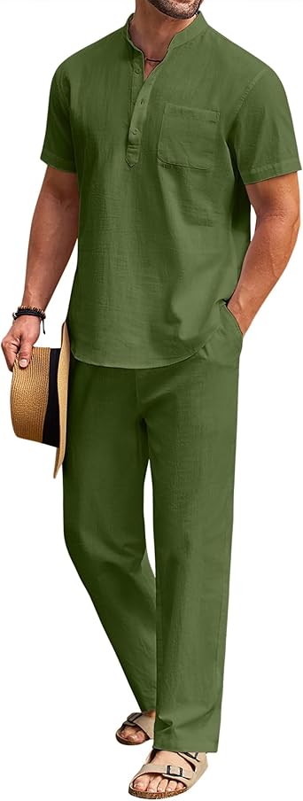 COOFANDY Men's 2 Pieces Cotton Linen Set Casual Short Sleeve Henley Shirts Beach Yoga Pants Summer Outfits
