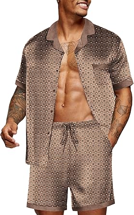 Ekouaer Men Satin Silk Pajamas Set with Pockets Sleepwear Shorts Satin Summer Loungewear 2 Piece Button Down Set S-3XL