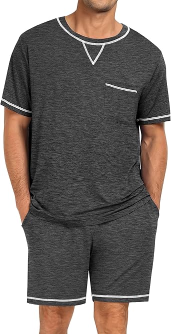 SWOMOG Men Modal Pajamas Set Comfy Sleepwear Short Sleeve Pjs Set Soft 2 Piece Lounge Set Cozy Nightwear with Pockets