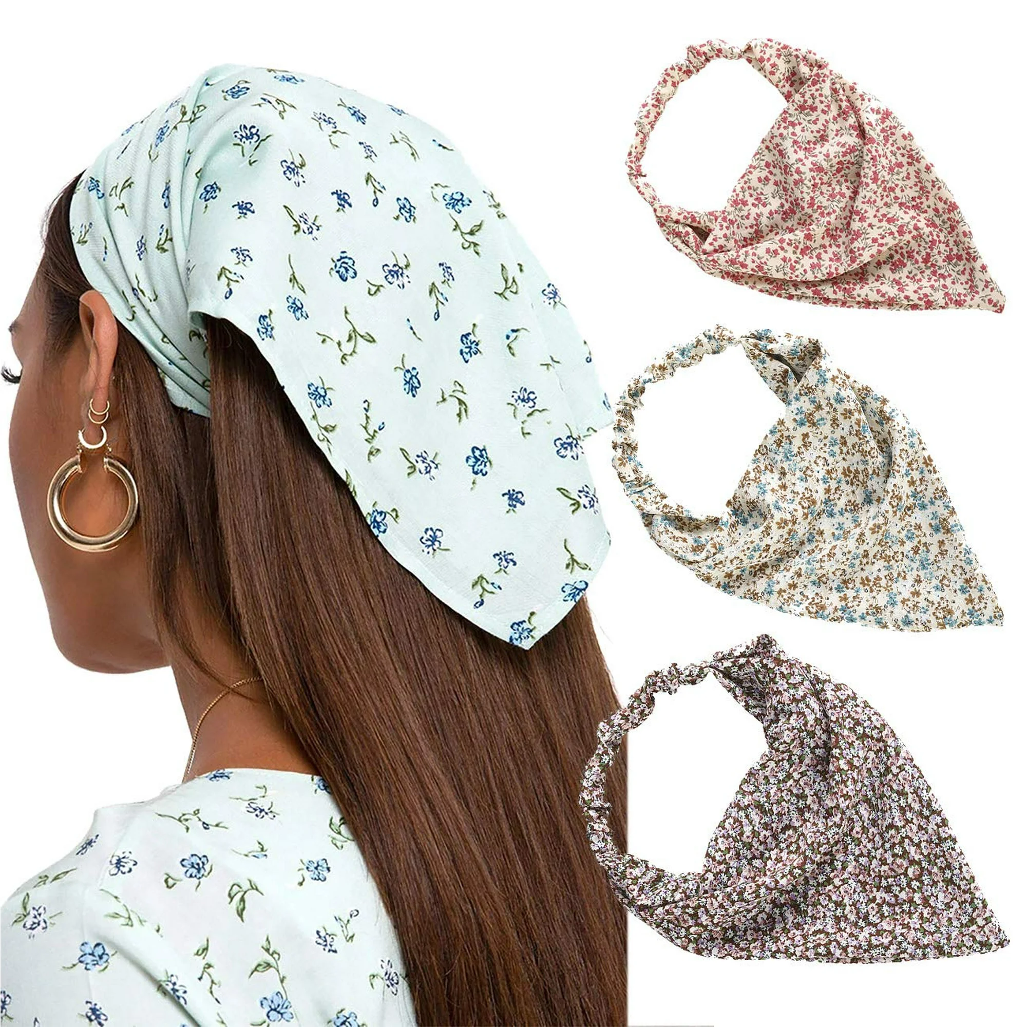 Floral Elastic Hair Scarf Headband - 3 PCS Head Kerchief Headband Print Floral Hair Scarves with Hair Clips Kerchief Head Scarf Hair Bandanas for Women