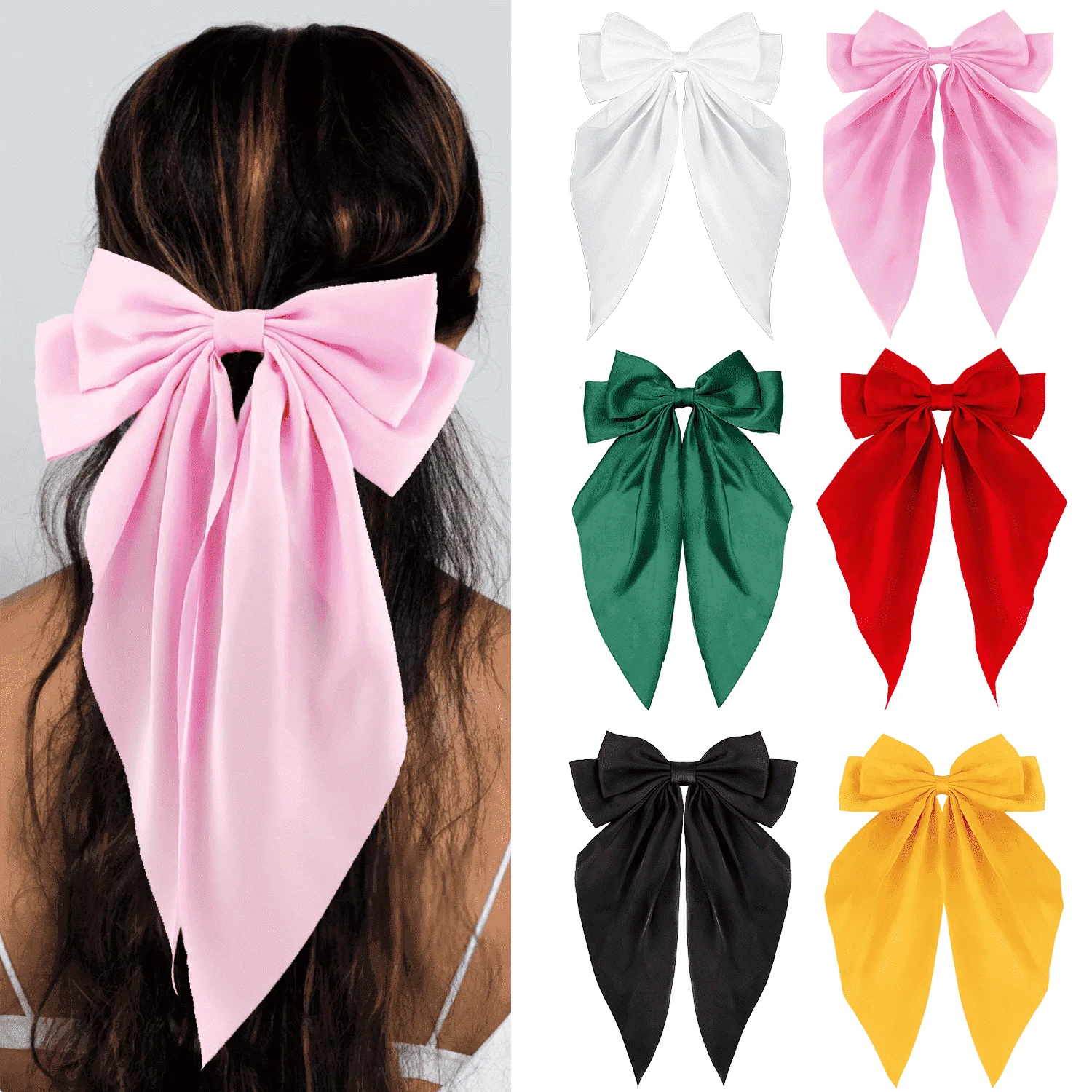 Loqpol 6 PCS Silky Satin Hair Bows, Oversized Long Tail Bows with Barrette Clips, Coquette Hair Accessories for Women and Girls (Black-Yellow-Green-Red-L. Pink-White)