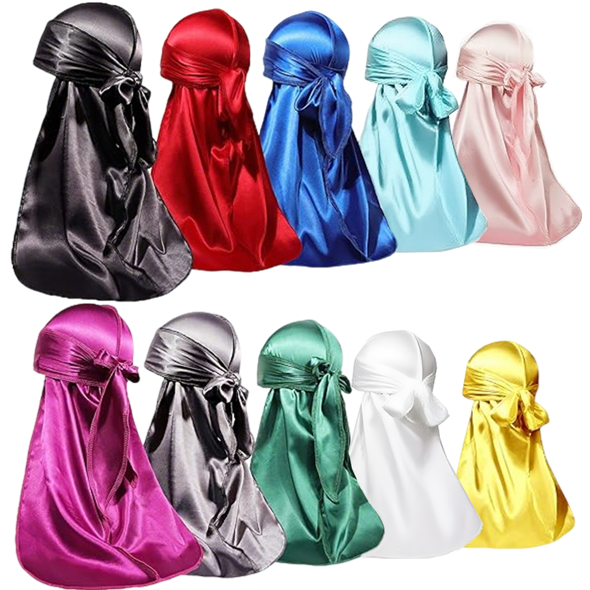 ZHUYING 10 Pieces Silky Durags Long Tail for Women Men Satin Durag 360 Wave，Dorag, 10 Pieces