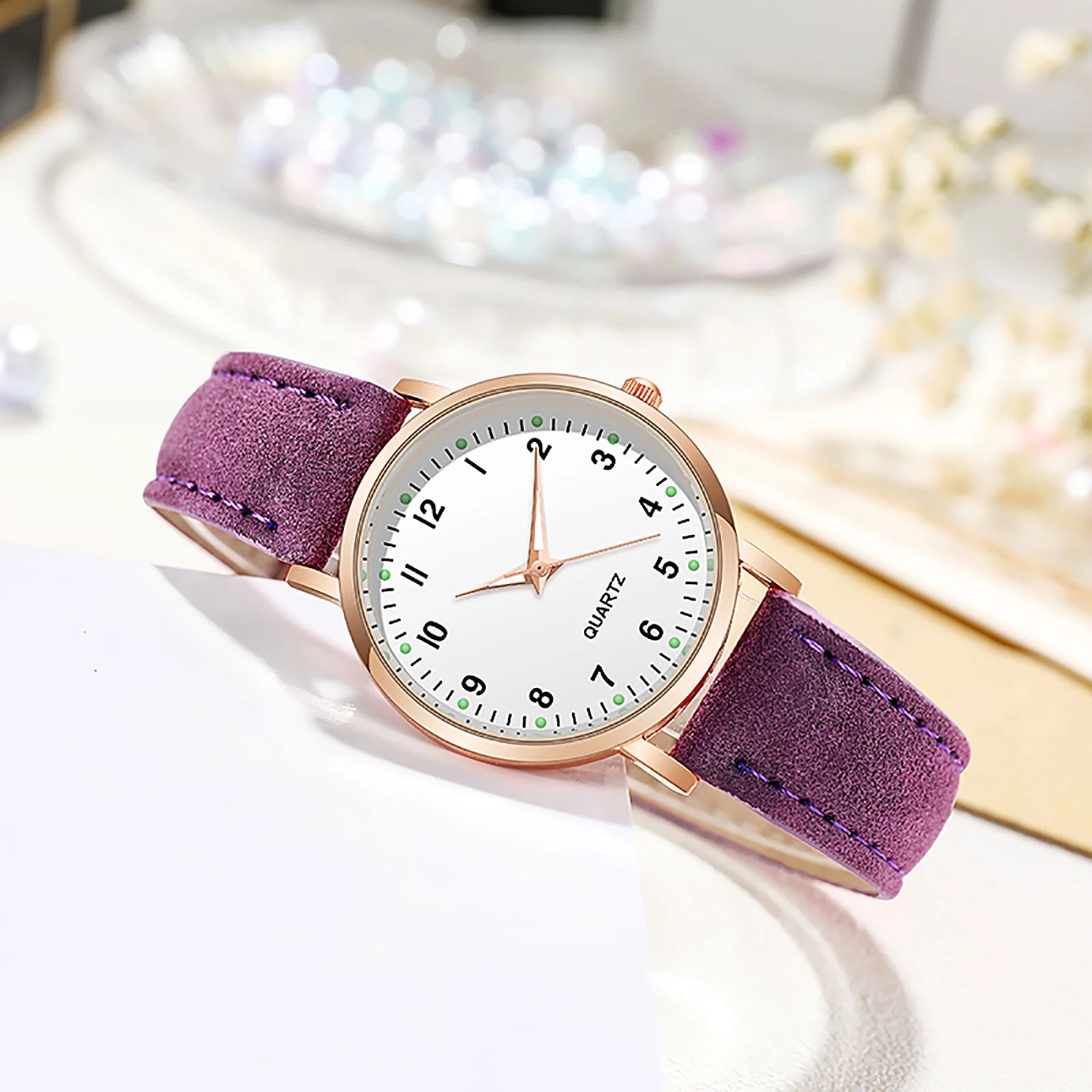 Leather Band Watches for Women, Classic Quartz Watch with Luminouse Easy Read Dial, Vintage Small Face Round Watches, Birthday Gift for Ladies (Purple)