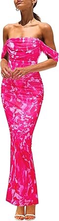 PRETTYGARDEN Cocktail Dresses for Women 2026 Summer Floral Off Shoulder Ruched Mesh Elegant Wedding Guest Maxi Dress