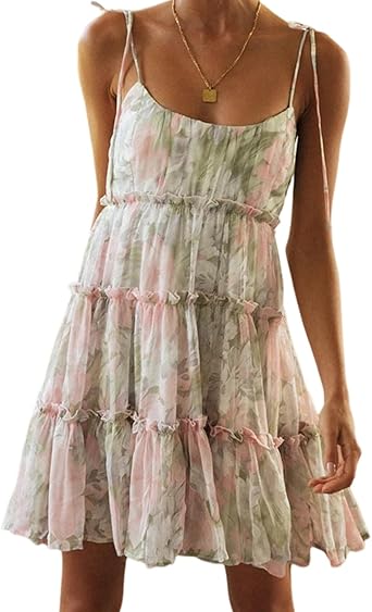 Gihuo Womens Floral Mini Dress Boho Flowy Skater Spaghetti Strap Ruffle Sleeveless Beach Dress 2026 Summer Sundresses