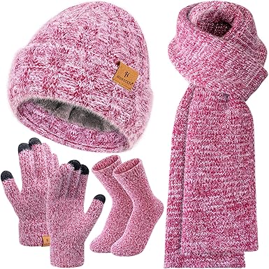 Womens Winter Warm Knit Beanie Hat Gloves Sock Long Neck Scarf Set with Fleece Lined Skull Caps Gifts for Women
