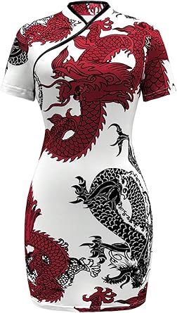 SOLY HUX Women's Cheongsam Dress Chinese Traditional Dragon Print Qipao Bodycon Mini Dress