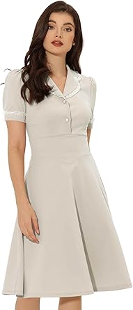 Allegra K 1940s Dress for Women's Vintage Puff Sleeve Peter Pan Collar Dresses