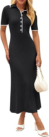 MEROKEETY Women's Spring Summer Ribbed Maxi Dress 2026 Bodycon V Neck Button Short Sleeve Slim Fit Knit Sweater Dresses