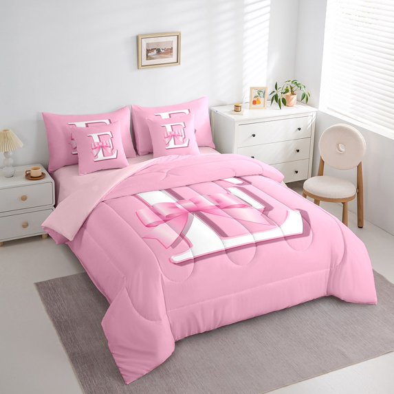 Feelyou Monogrammed E Bed in a Bag Twin size, Initial Letter Bed Set, Pink Bow Reversible Bedding Twin Size, Super Cozy Bedroom Decor, 7-Piece