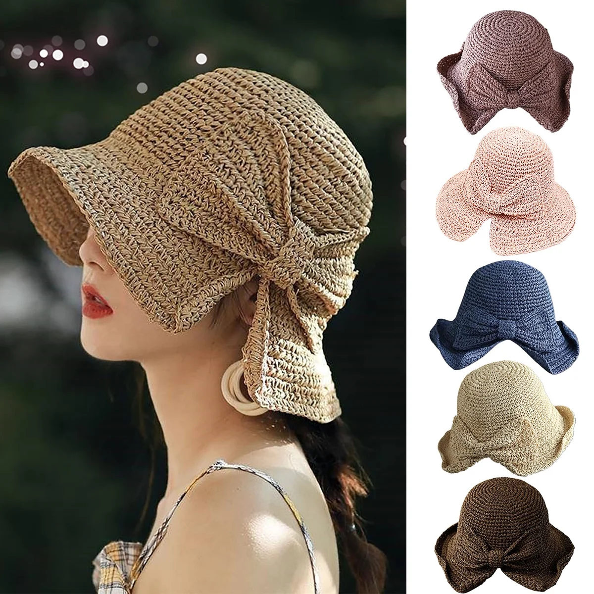 Meidiya Foldable Wide Brim Floppy Straw Sun Hat for Women Fashion Woven Bow Sun Hat Summer Beach Hat for Women Girl