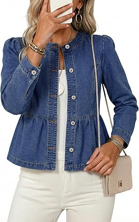 Dokotoo Cropped Jean Jacket Women Button Down Long Sleeve Collarless Cinched Waist Denim Jackets