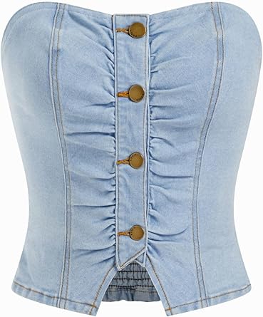 CIDER Denim Tube Tops for Women Going Out Button Down Crop Jean Top Trendy Summer Cowgirl Concert Outfits Y2K Fashion