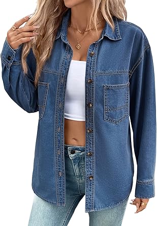 Sidefeel Women Denim Shirts Oversized Long Sleeve Button Down Blouse V Neck Casual Top Shackets