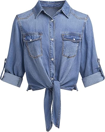 PRETTYGARDEN Womens Denim Shirts Long Sleeve Button Down Shirt Women Tie Knot Front Cardigans Summer Jean Crop Tops Jackets