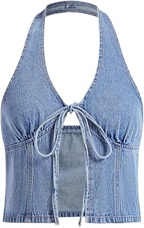 SOLY HUX Women's Y2k Denim Halter Top Summer Backless Tie Front Party Club Crop Tops