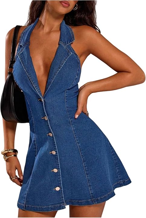 Floerns Women's Y2k Denim Halter Mini Dress Sleeveless Deep V Neck Button Down A Line Going Out Jean Dresses