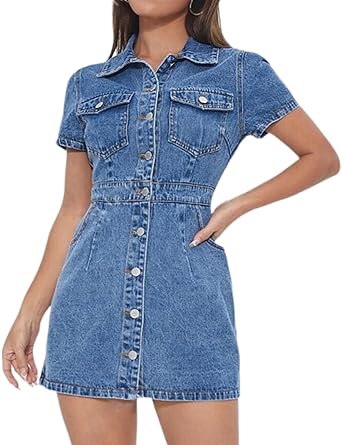 LaiyiVic Denim Bodycon Dresses for Women Short Sleeve Button Down Trendy Mini Denim Dress