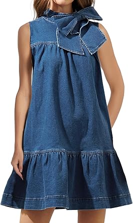 EZAPINE Denim Dress for Women Summer Sleeveless Mock Neck Ruffle Hem Babydoll Jean Dress with Bow