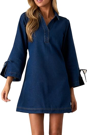 Womens Denim Shirt Dress Collared V Neck Bell Long Sleeve Mini Casual A-line Jean Dresses with Bow