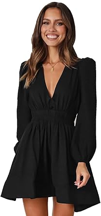Womens Long Sleeve Mini Dress Deep V Neck Casual Flowy Short Dress Cocktail Wedding Guest