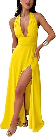 Ekaliy Womens Sexy Halter Deep V Neck Maxi Dress Sleeveless Backless Split Long Dress