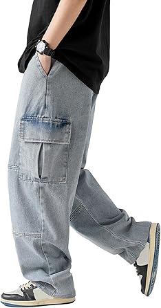 Idopy Streetwear Hip Hop Loose Elastic Waist Loose Fit Cargo Denim Joggers Pants Jeans