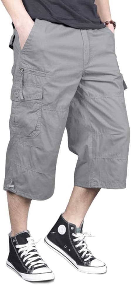MAGNIVIT Men's Capri Long Elastic Cargo Shorts Below Knee Shorts 3/4 Cotton Cargo Casual Shorts with Multi-Pockets