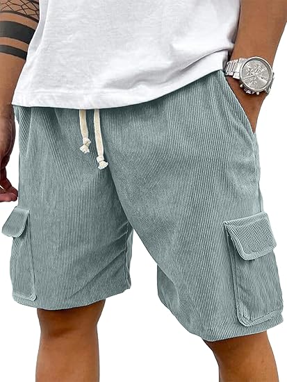 PLEPAN Men's Corduroy Cargo Shorts 7" Relaxed Fit 5 Pockets Casual Shorts with Drawstring Elastic Waist & Side Velcro Pockets