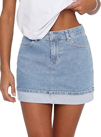 Tankaneo Womens High Waisted Mini Denim Skirt Summer Stretch Folded Hem Trendy Y2K Bodycon Jean Skirts