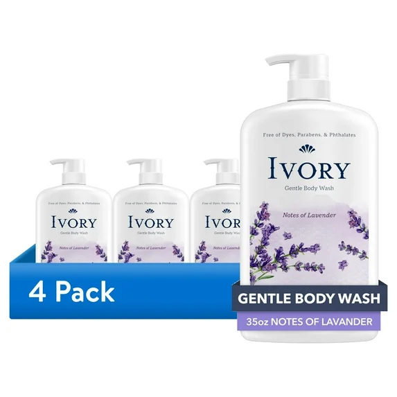 (4 pack) Ivory Mild and Gentle Body Wash, Lavender Scent, for All Skin Types, 35 fl oz