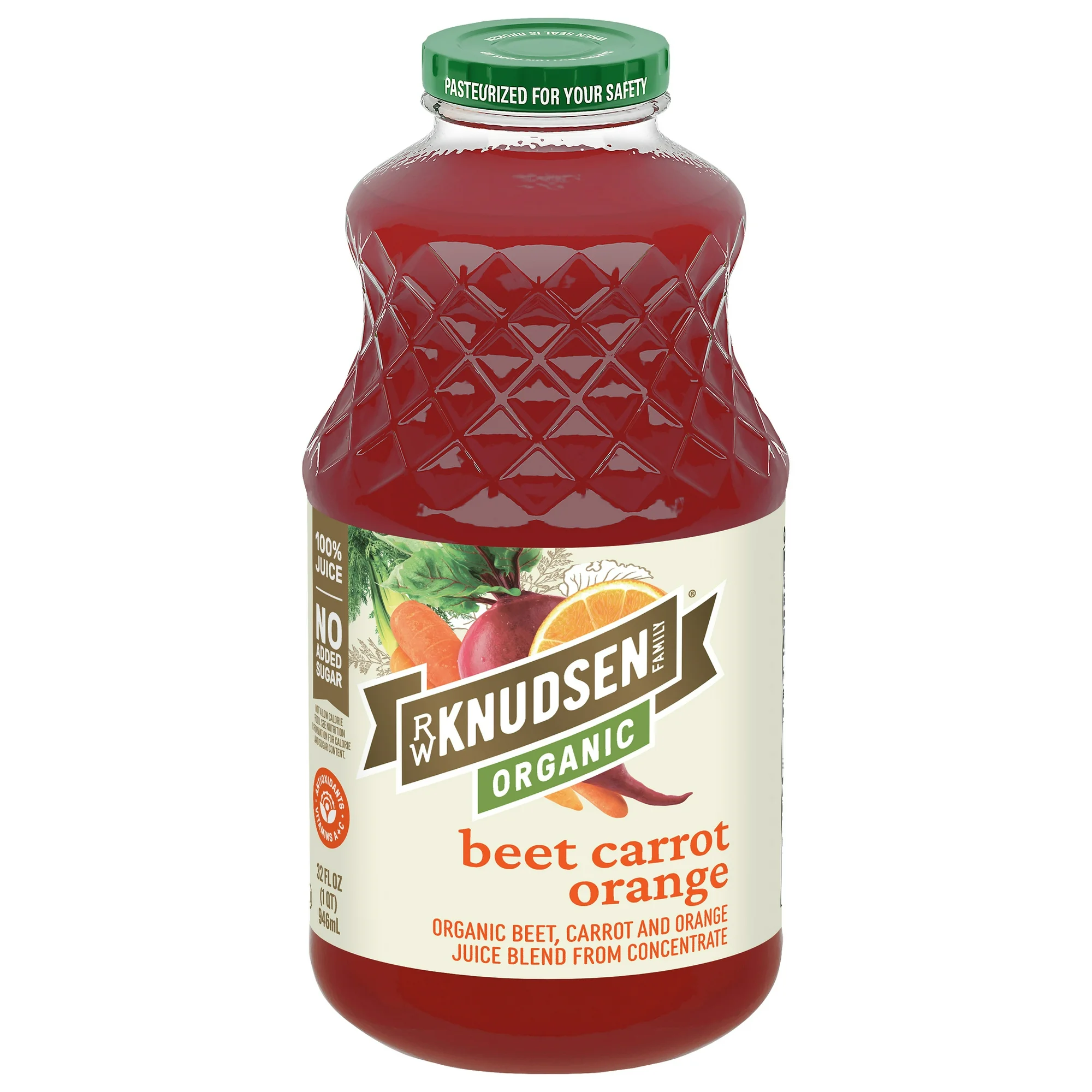 R.W. Knudsen Family Organic Beet Carrot Orange Juice Blend, 32 oz, Glass Bottle