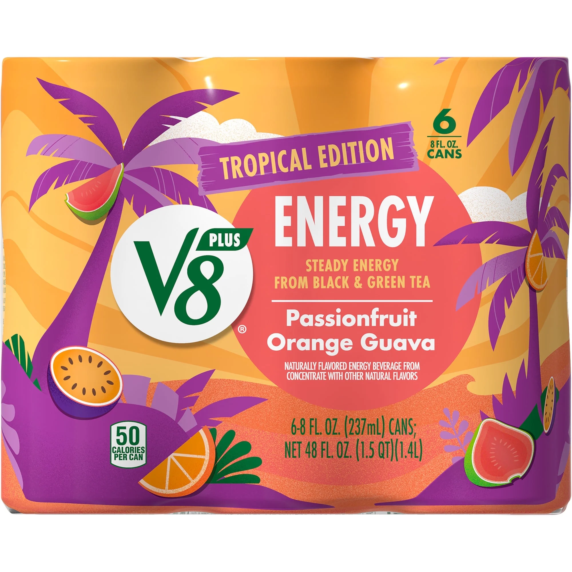 V8 +Energy Passionfruit Orange Guava No Sugar Added Juice Energy Drink 6 count (Pack of 1)