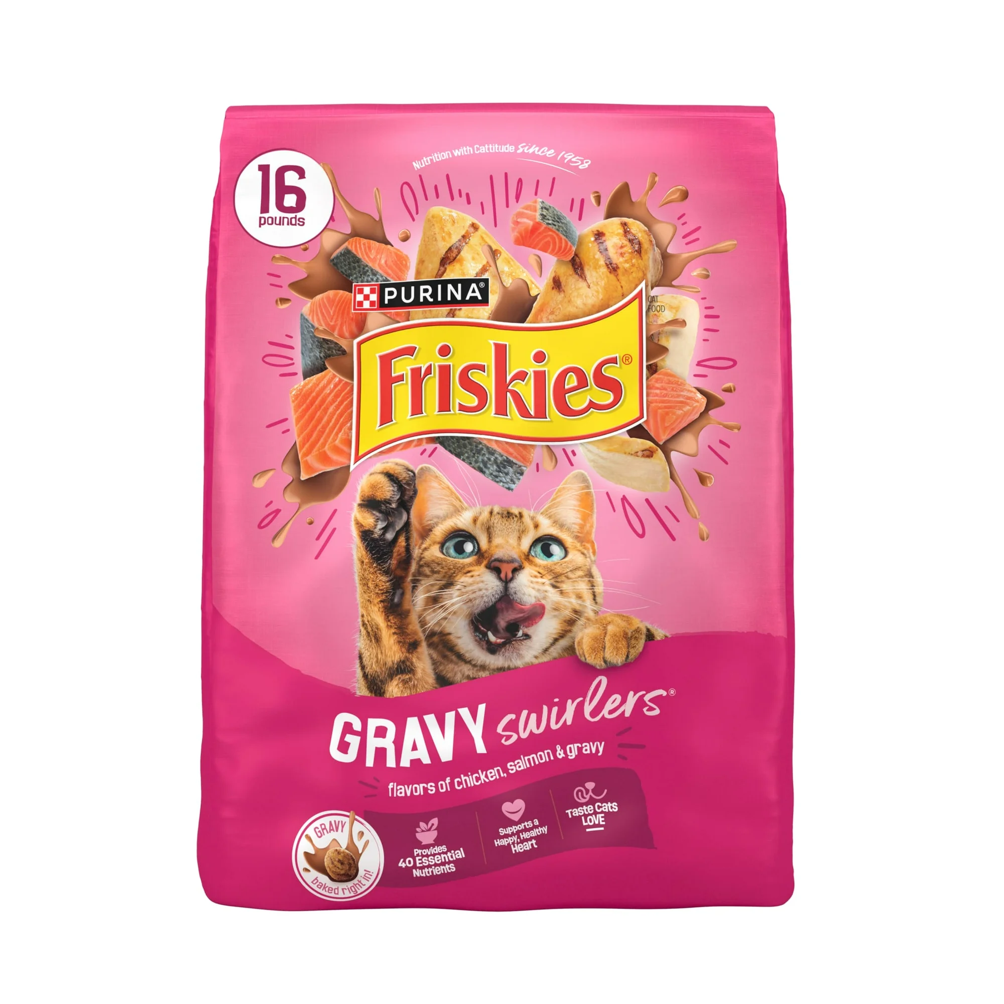 Purina Friskies Dry Cat Food Gravy Swirl'd with Flavors of Chicken, Salmon and Gravy Dry Cat Food, 16 lb Bag
