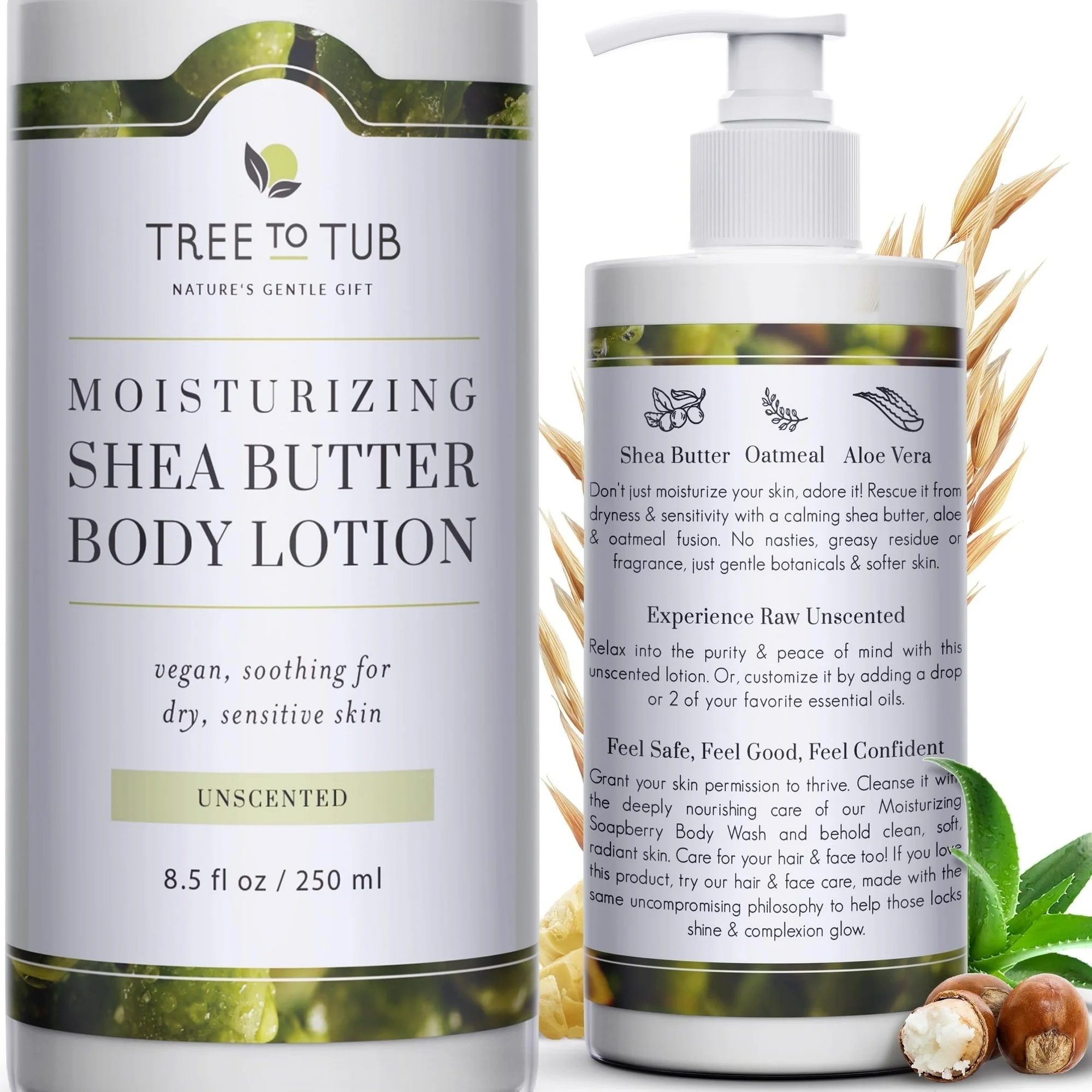 Tree to Tub Unscented Shea Butter Body Lotion for Dry Skin - Fragrance Free Lotion,Vegan Body Moisturizer, Good for Sensitive Skin for Women & Men