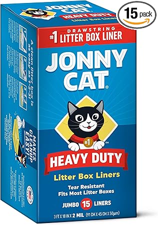 Jonny Cat Litter Box Liners: Heavy Duty - Tear & Leak Resistant - Drawstring Close - Jumbo, 15 Count