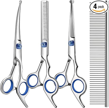 Professional 4 in 1 Dog & Cat Grooming Scissors Kit with Safety Round Tips,Sharp & Durable,Dog Shears for Grooming - Includes Straight, Curved, Thinning Scissors and Comb - Premium Pet Supplies