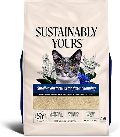 Sustainably Yours Natural Cat Litter, Small-Grain Formula, Exceptional Clumping & Odor Control, Virtually No Dust, Soft on Paws, Corn & Cassava Plant-Based, Unscented, 10 lbs