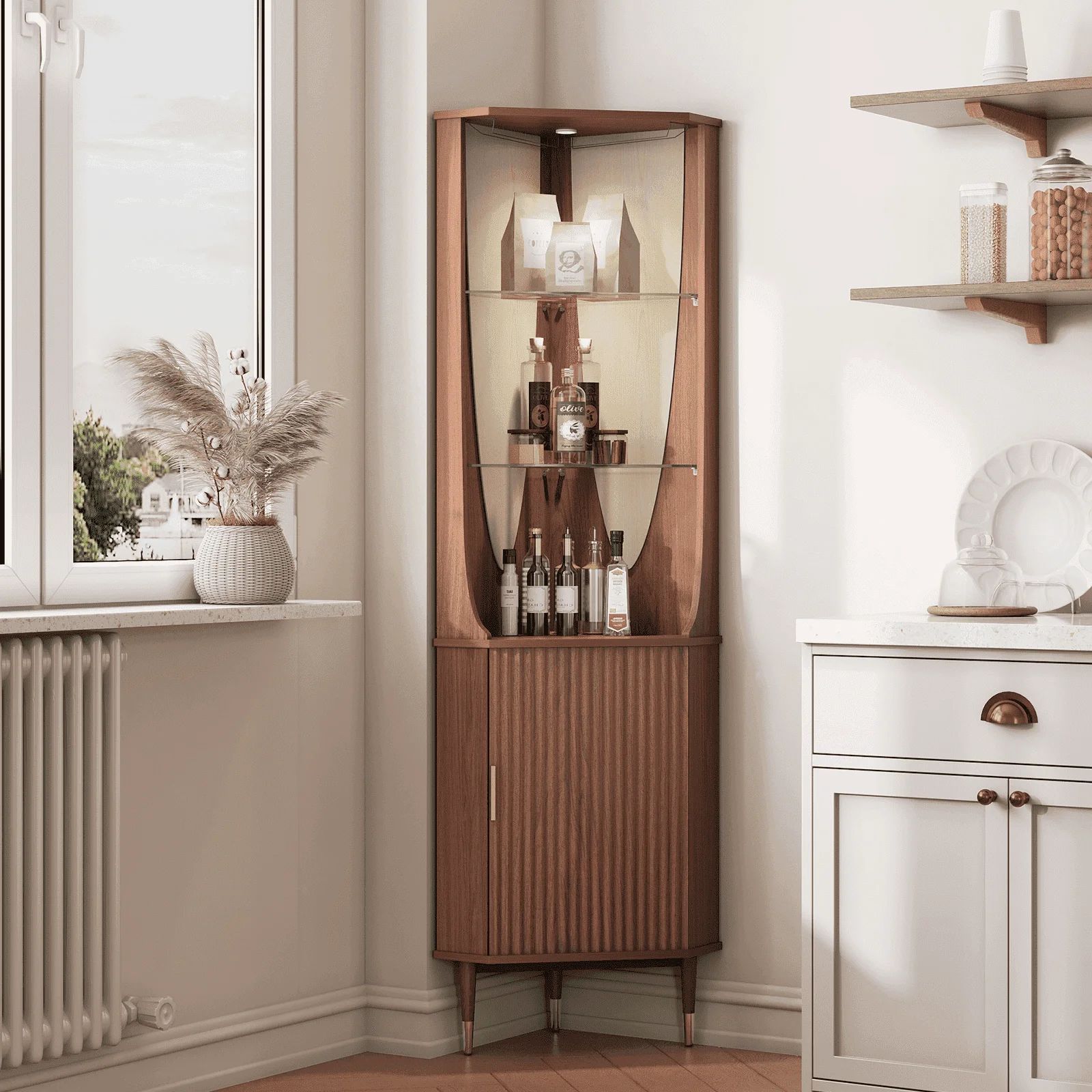 JOINICE 70" Tall Corner Bar Cabinet with Doors and Storage,Mid Century Modern Fluted Wood Liquor Cabinet with Shelves, for Living Room,Dining Room,Kitchen,Walnut