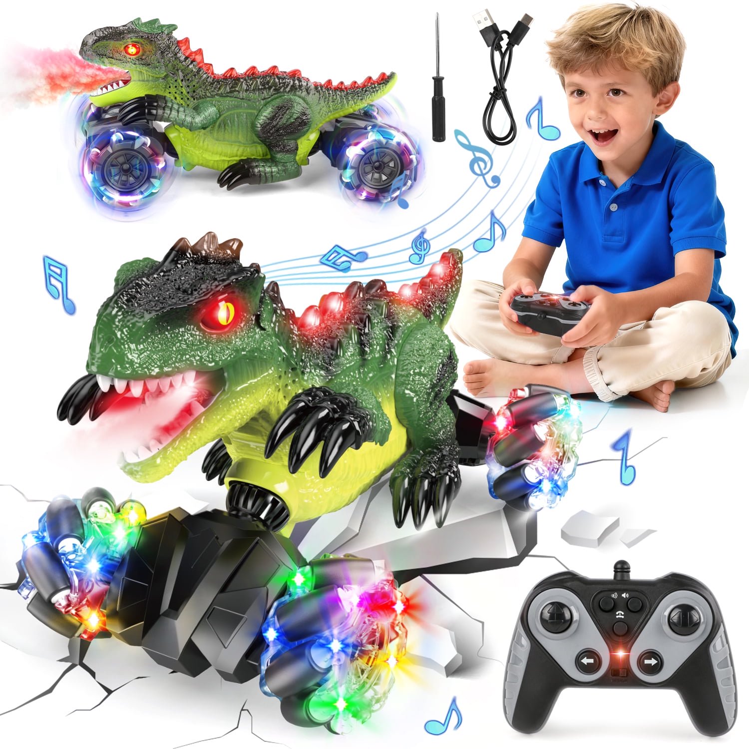 UUSUOO Dinosaur Remote Control Car, 4WD Rotation Rechargeable RC Stunt Car with Spray, Lights & Music, Dinosaur Shape RC Vehicle for Christmas Birthday Party Gifts