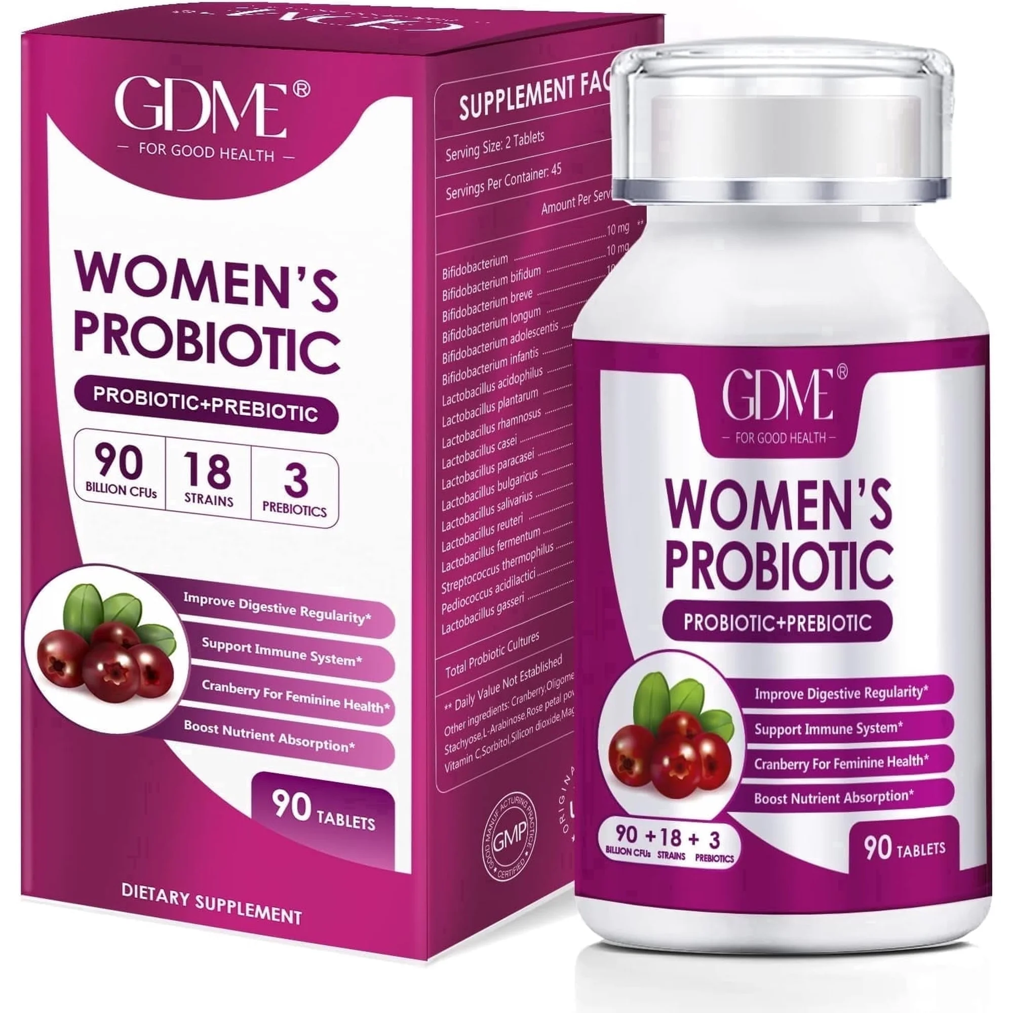 Women's Probiotics, 90 Tablets 90 Billion CFU 18 Strains, Contains Organic Prebiotic Cranberry,Probiotic Supplement for Digestion, Immunity, Women's Health, Soy Gluten Dairy Free