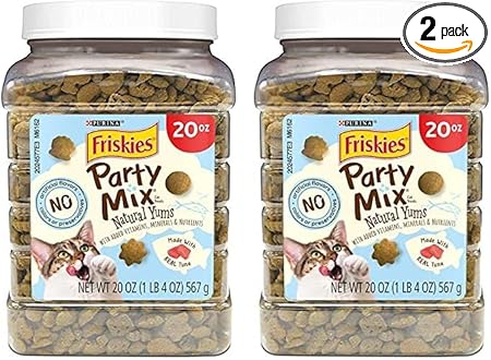 Friskies Purina Natural Cat Treats,Party Mix Natural YUMS with Wild Caught Tuna and Added Vitamins,Minerals and Nutrients - 20 oz. Canister,(Pack of 2)