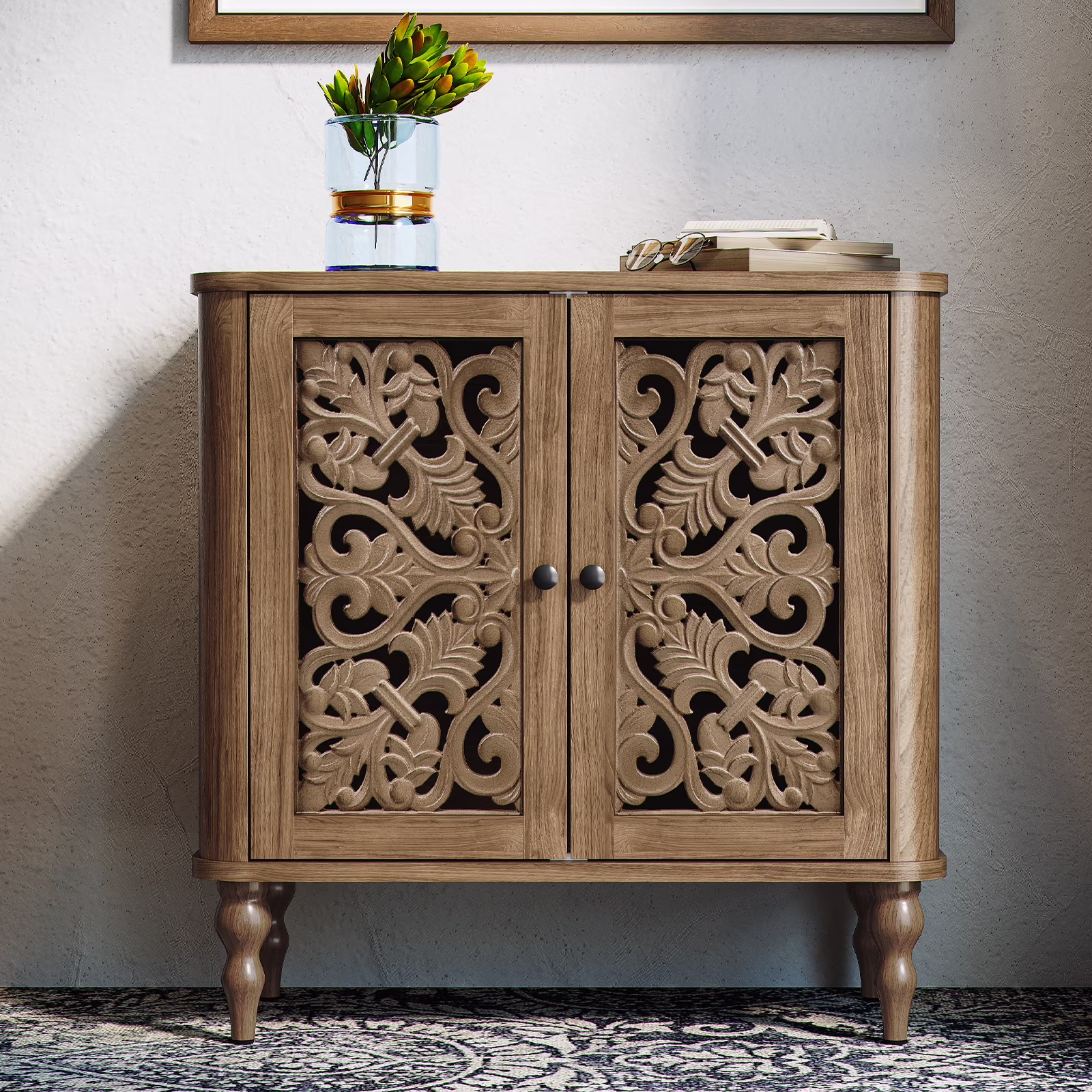 HLR 31.5"W Mid Century Rounded Corners Sideboards Buffets Cabinet with 2 Doors Storage for Kitchen Dining, Brown