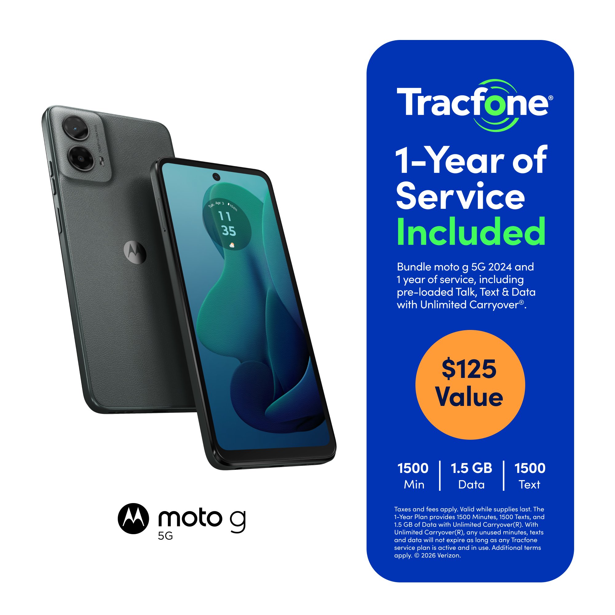 Tracfone Motorola Moto G 2024, 5G, 64GB, Blue Includes 1500Min/1500Txt/1500MB, 365 Days Service Plan - Prepaid Smartphone Service Bundle