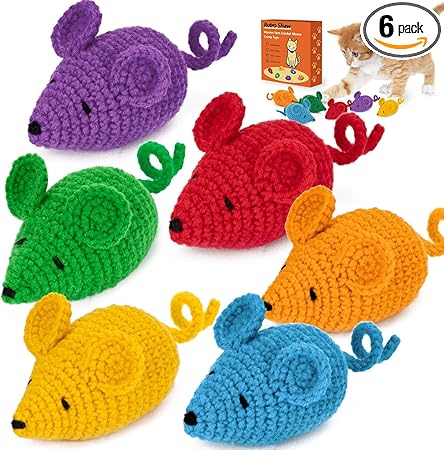 Retro Shaw Catnip Toys Crochet Mouse 6 Pcs - 100% Natural Catnip & Silvervine Blend Yarn Cat Nip Mice, Durable Hand-Knitted Teething Chew Toy for Indoor Cats & Kittens, Interactive Play & Dental Care