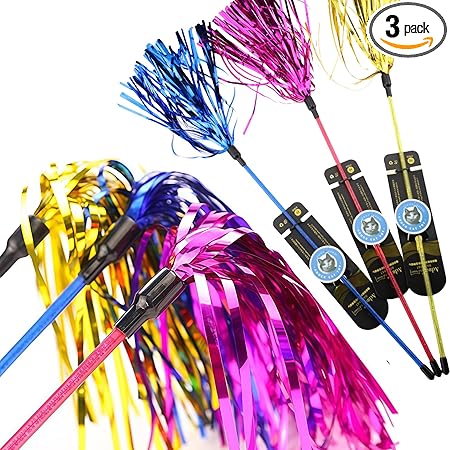 ADUCK Interactive Cat Teaser Wand Toy with Tassels - Durable Cat Chaser for Indoor Kitten Exercise, Boredom Relief & Training Play, Pack of 3 (Gold, Blue, Pink)