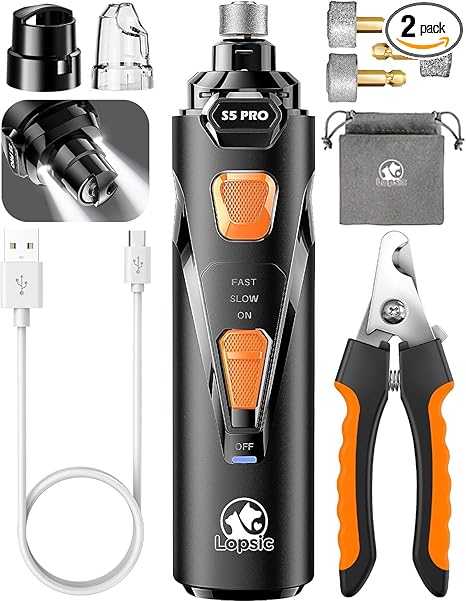 Whisper Quiet Dog Nail Grinder with 4 LED Lights, Safe & Stress-Free for Sensitive Dogs Cats of All Breeds & Sizes, 3 Grinding Bits, 3-Speed, Pet Nail Trimmers, Rechargeable Painless Grooming Kit